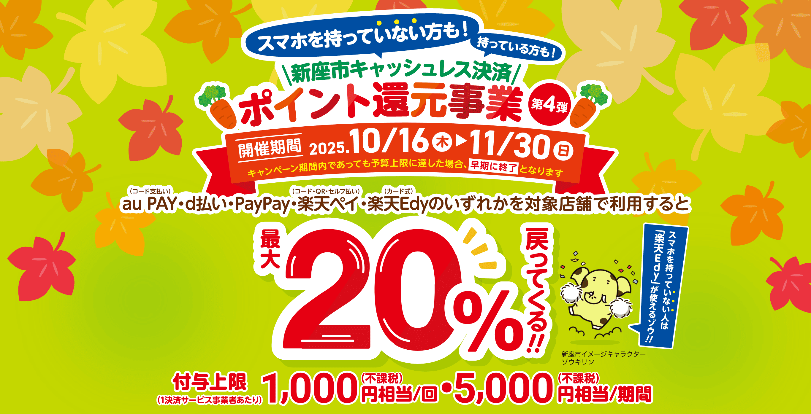 スマホを持っていない方も！持っている方も！新座市キャッシュレス決済ポイント還元事業 第4弾 開催期間：2025年10月16日（木）〜11月30日（日）キャンペーン期間内であっても予算上限に達した場合、早期に終了となります au PAY（コード支払い）・d払い・PayPay・楽天ペイ（コード・QR・セルフ払い）・楽天Edy（カード式）のいずれかを対象店舗で利用すると最大20％戻ってくる！ 付与上限（1決済サービス事業者あたり）1,000円相当／回（付課税）、5,000円相当／期間（付課税）